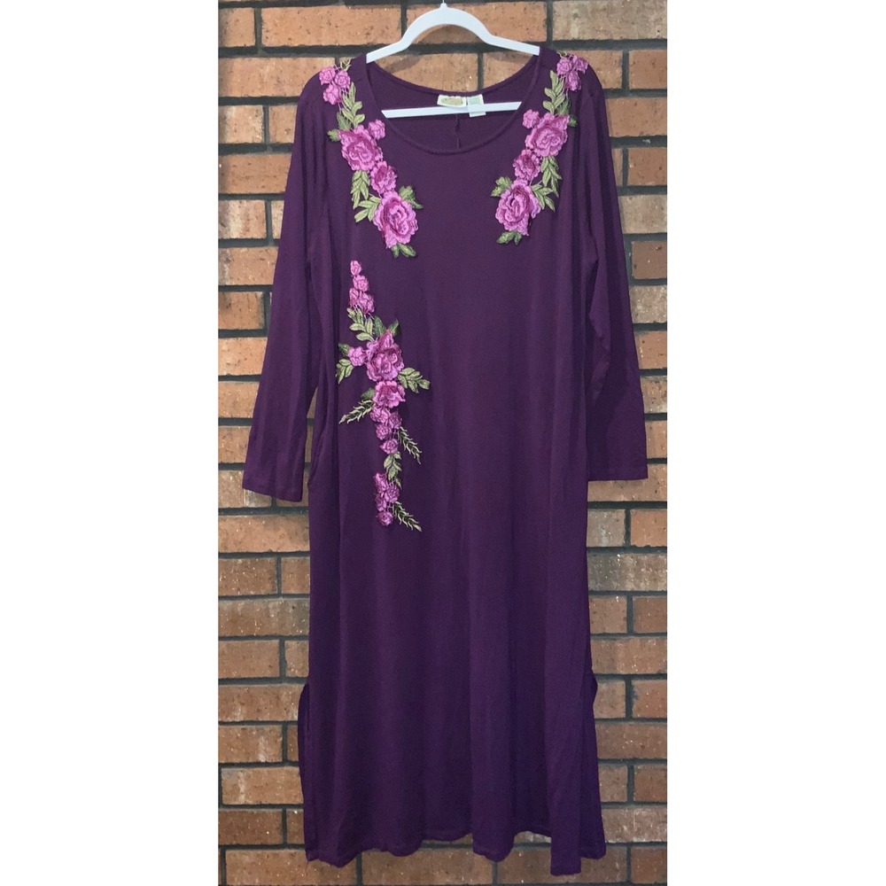 Collections Etc Purple Floral Embroidered Long Sleeve Maxi Dress XL